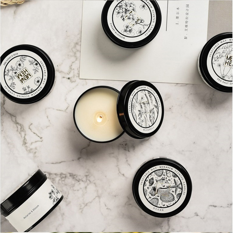 Wholesale personalized hot selling scented black travel candles tins with decal printing and private label